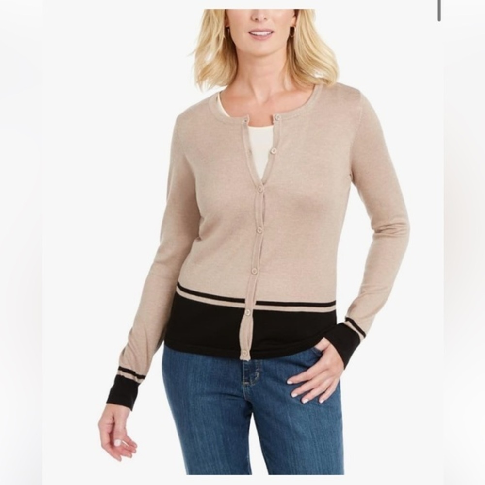 Karen Scott NWT XXL Women's Tan and Black Button Front Lightweight Sweater